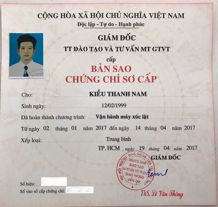 mẫu chứng chỉ máy xúc